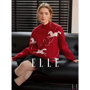 【绯红跃马】ELLE红色小马提花新年毛衣女2026春新款绵羊毛针织衫