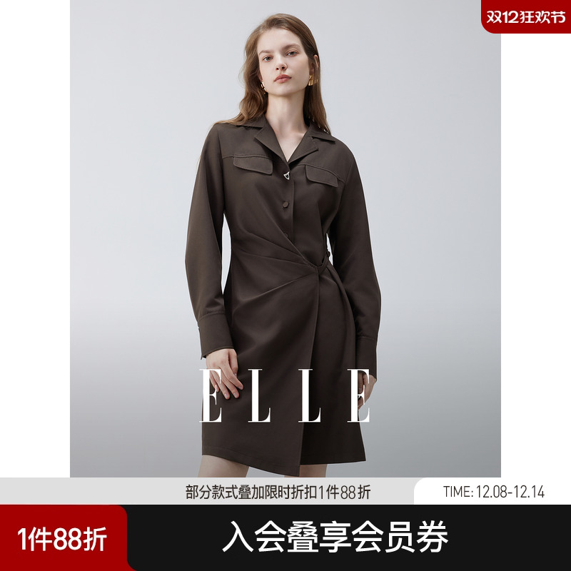 ELLE法式设计感翻领衬衫连衣裙女