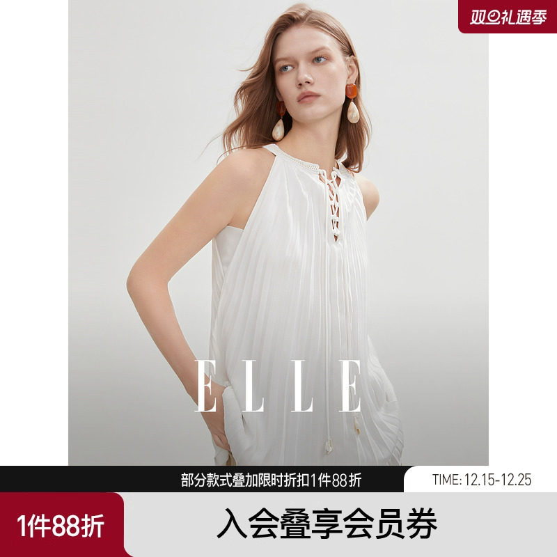 ELLE挂脖无袖雪纺衬衫女圆领优雅2025夏季新款镂空波嬉度假衬