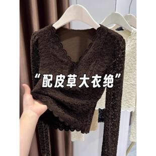 深咖色超好看性感蕾丝v领打底衫女秋冬加绒提花皮草内搭修身上衣