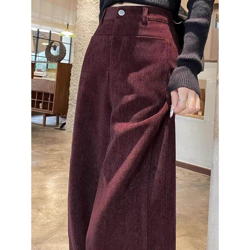 灯芯绒阔腿裤女秋冬新款高腰直筒裤加绒裤子雪尼尔酒红色西装裤