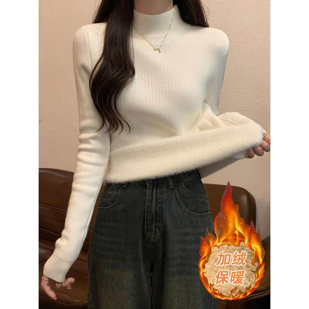 加绒加厚半高领打底衫女内搭秋冬一体绒毛衣修身中领针织衫上衣