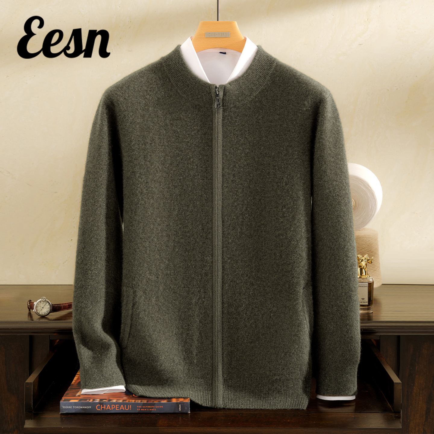 空气层加厚半高领拉链羊绒开衫