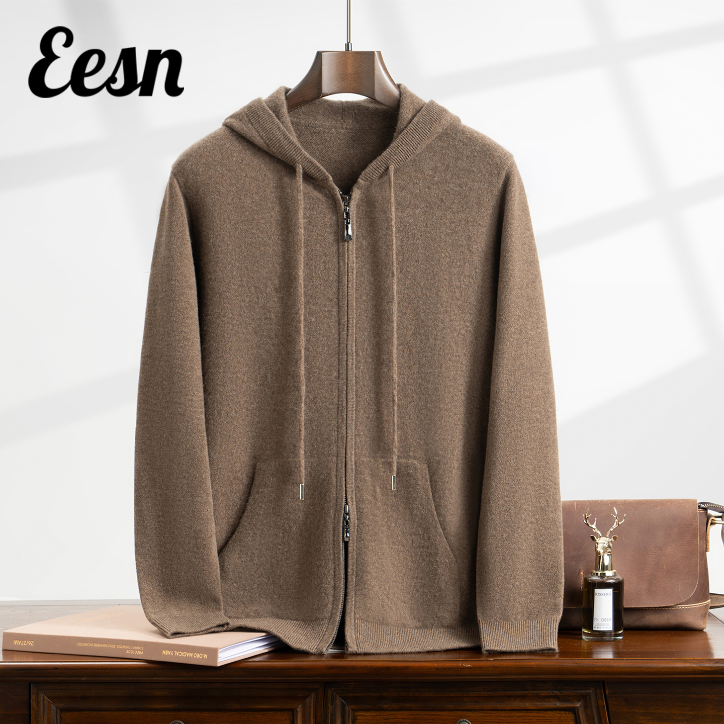 虚提加厚连帽双拉链100%羊绒开衫