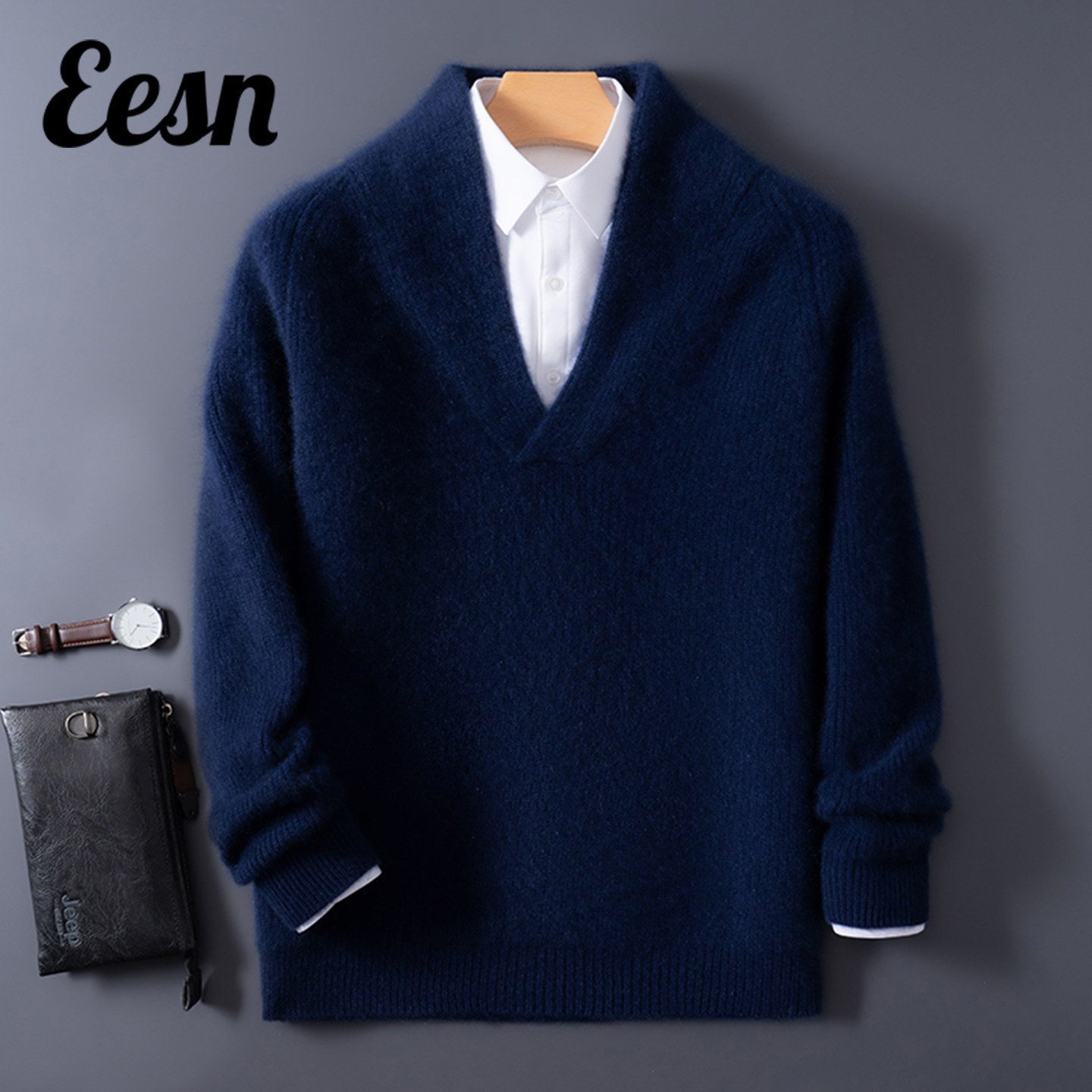 秋冬新款男士深V领套头山羊绒衫加厚宽松纯色针织毛衣打底衫上衣