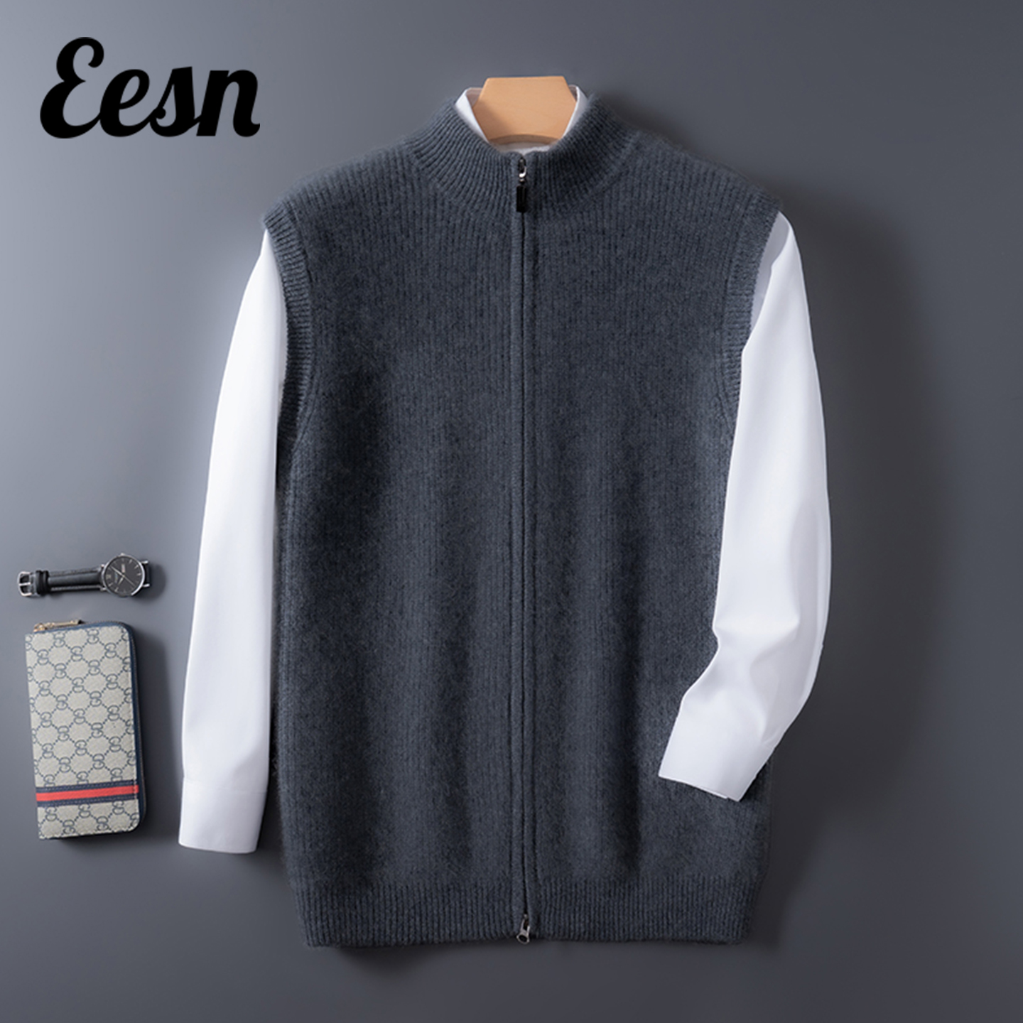 秋冬男士立领拉链山羊绒马甲开衫