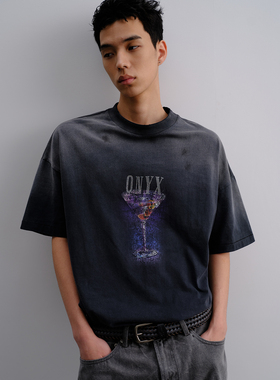 Brokenonyx渐变落色做旧VTG烫钻印花短袖T恤男士上衣宽松半袖体恤