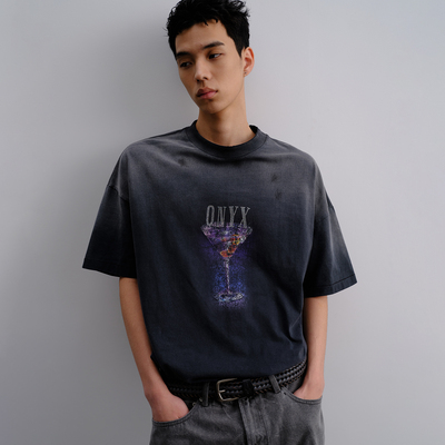 Brokenonyx渐变落色做旧VTG烫钻印花短袖T恤男士上衣宽松半袖体恤