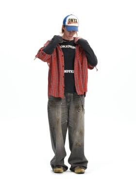 Brokenonyx复古水洗磨白格纹衬衫做旧糜烂破洞拼接长袖衬衣