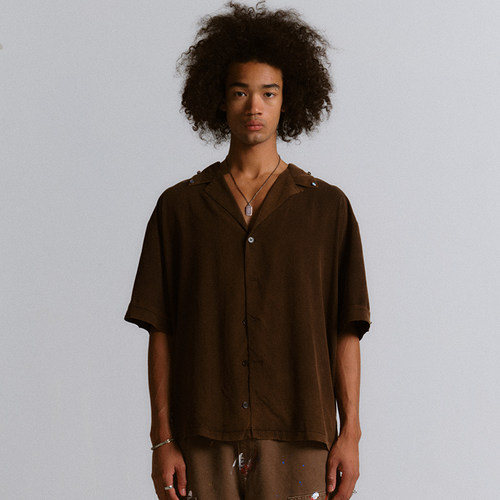 Brokenonyx 天丝混纺阿罗哈夏威夷衬衫复古手钉猫眼石刺绣短袖