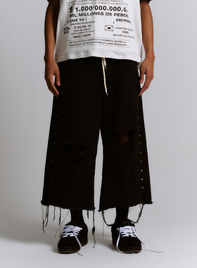 Brokenonyx 破坏全铆钉阔腿7分牛仔短裤摇滚美式街头散边破洞裤