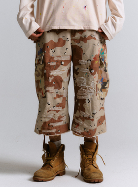 Brokenonyx 拼接山地迷彩军布boro七分裤宽松乱线补丁廓形破洞裤