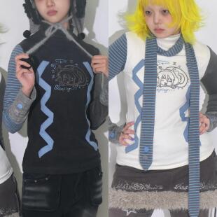 蜗牛骸条纹拼接手绘漩涡刺绣围巾双面绒小高领打底衫原创设计