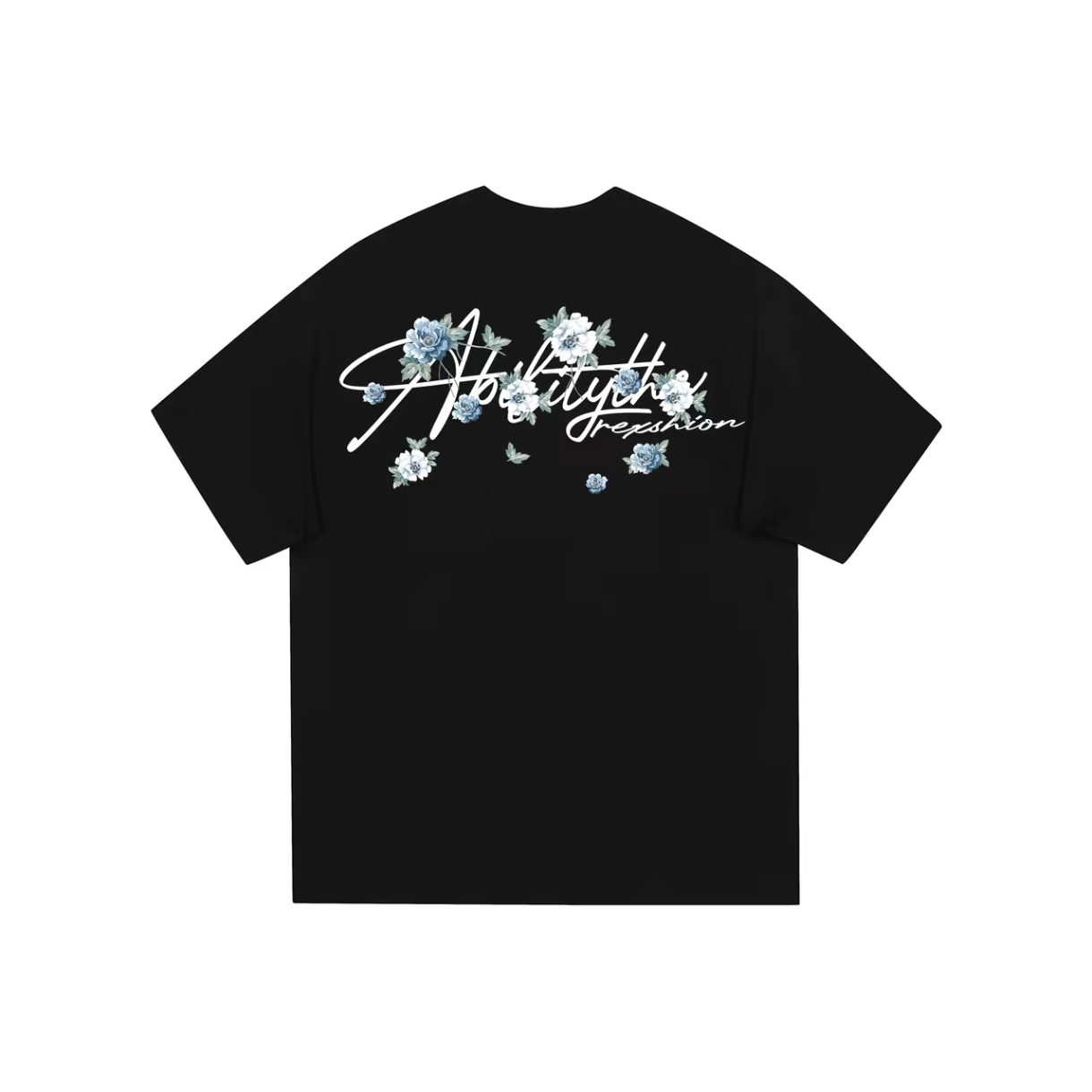 REXSHION 美式植物花卉花体字母印花宽松休闲短袖T恤 男女同款