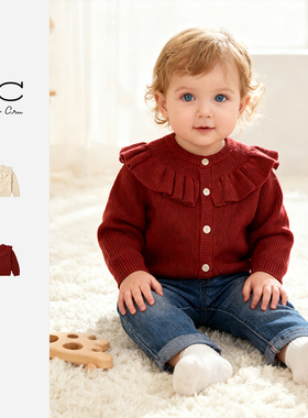 RC童装商场同款儿童宝宝针织开衫外套花边领秋冬新品含羊毛新年红