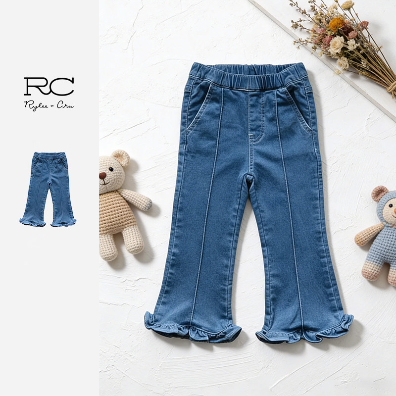 RyleeCru童装官方正品女童牛仔喇叭裤荷叶边长裤26春新款商场同款