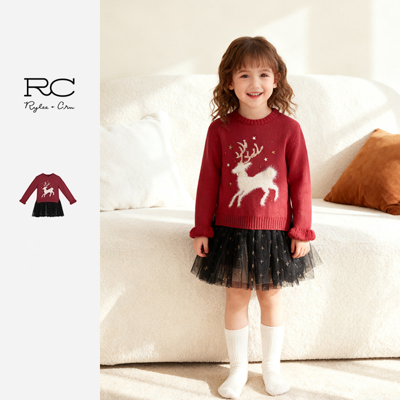 Rylee Cru拜年服洋气女童假两件圣诞新年红色毛衣裙冬季羊毛裙图片