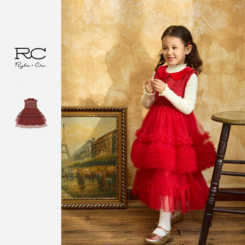 Ryleecru童装女童网纱蛋糕背心裙新年红公主裙连衣裙25冬新品