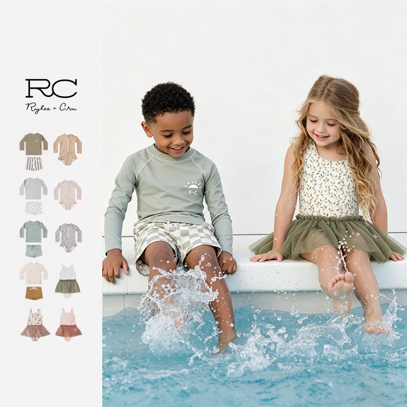 RyleeCru儿童泳装男女童宝宝印花泳装北欧风连体泳装套装温泉泡汤