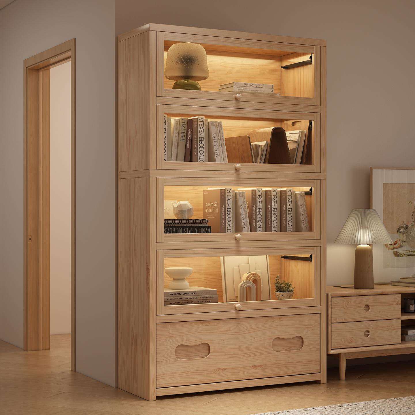 实木书柜防尘储物柜一体靠墙收纳柜家用展示柜带门书架落地置物柜