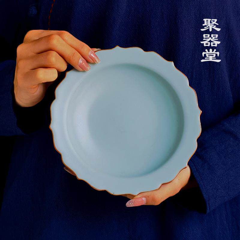 聚器堂天青色汝窑葵花壶承干泡台陶瓷盖碗壶托盘茶承茶托开片可养
