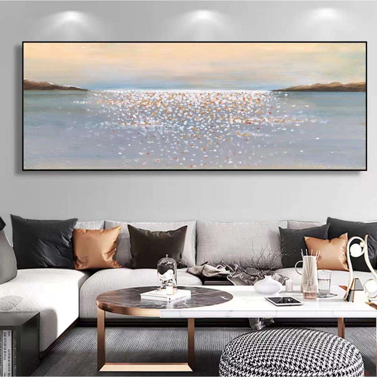 纯手绘大型海景横幅装饰画现代高级感肌理立体油画简约客厅墙挂画