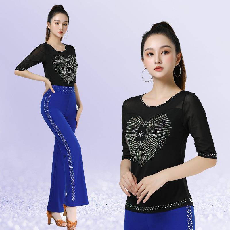 广场舞吉特巴舞蹈服装新款摩登舞拉丁舞交谊舞镶钻黑色时髦中袖
