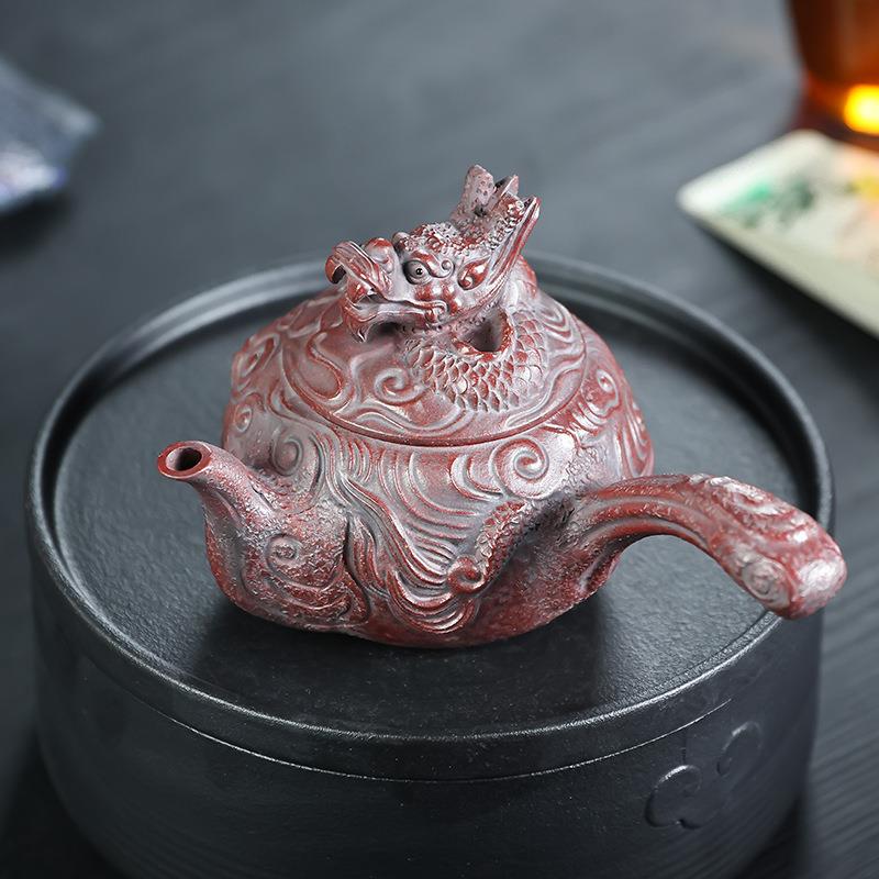 宜兴紫砂壶浮雕龙壶侧把家用茶壶原矿古红泥茶具大容量泡茶壶