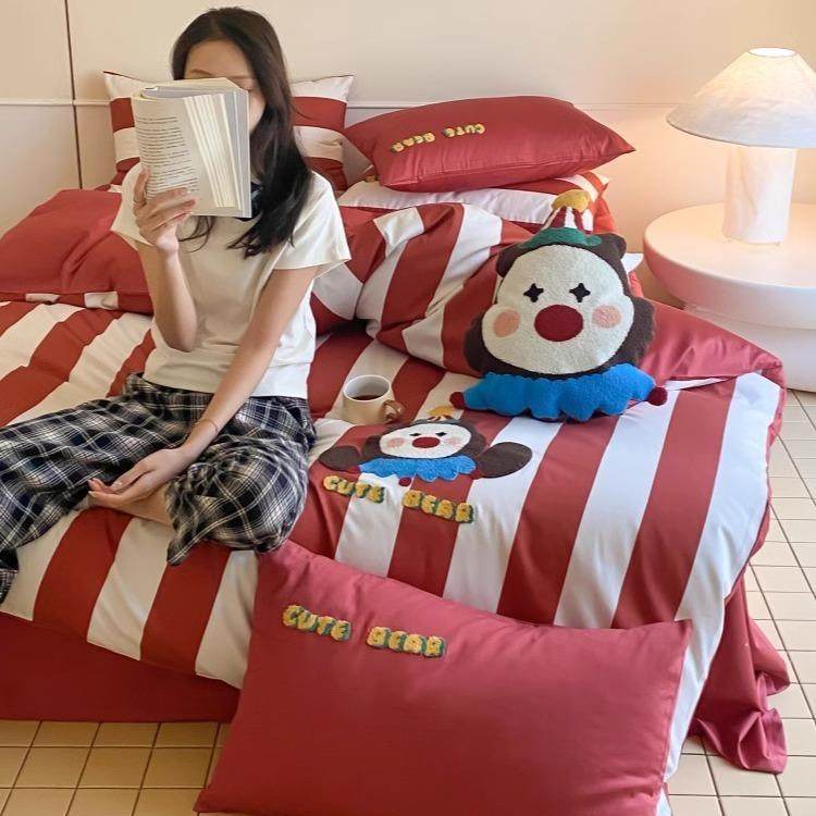 可爱多巴胺卡通风小丑全棉四件套贡缎长绒棉纯棉条纹被套床上用品