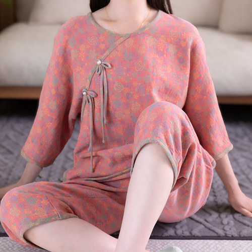 纯棉新中式透气七分袖女士睡衣 夏季宽松薄款可外穿家居服套装