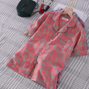 上衣 新中式 国风盘扣女睡衣纯棉色织双层棉纱短袖 夏季 家居服宽松版