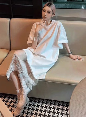 mskin6白色仙气飘飘宽松短袖T恤叠穿蕾丝网纱半身裙套装女