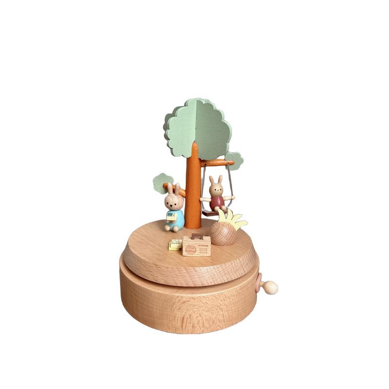 荡秋千的兔子木质八音盒创意礼物旋转音乐盒全实木手工工艺品礼品