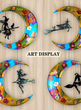 万圣节月亮水晶滴胶模具带4件女巫装饰DIY万圣节派对家居装饰品