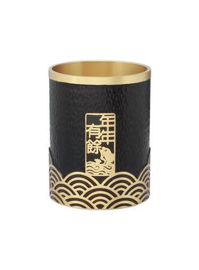 笔筒纯黄铜中国风高级感办公室书房桌面收纳摆件雕花六君子筒