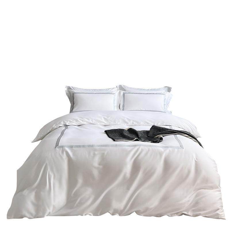 酒店民宿四件套设计师款全棉刺绣纯白色贡缎布草床品