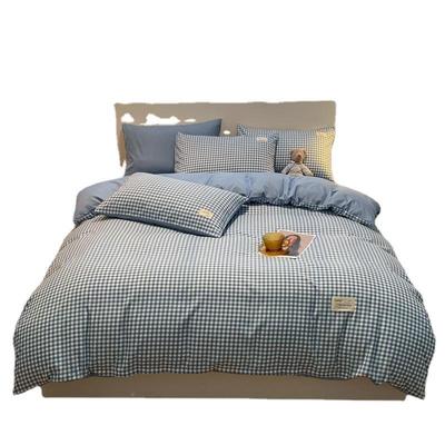 新款21213件水洗棉磨毛纯棉四件套格子肤学宿生舍单亲被套床笠三