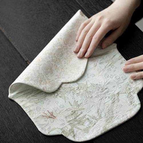 宜室茶话天丝提花百合花海棠茶席新中式禅意双面茶垫桌旗茶道配件