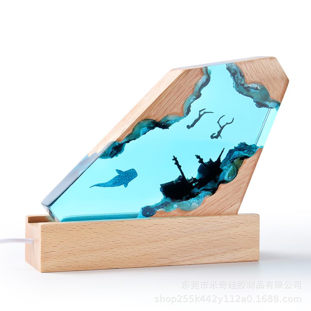 海洋微观树热脂夜灯手景工摆件环氧树脂实木灯座工艺SC-12品外贸
