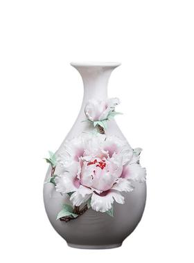 德化白瓷手捏花牡丹花花瓶用居家陶日AUH瓷摆件桌面书房装饰插餐