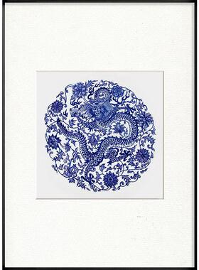 青花墨海新中式客厅三联装饰画蓝色青花瓷挂画中国风餐厅背景壁画