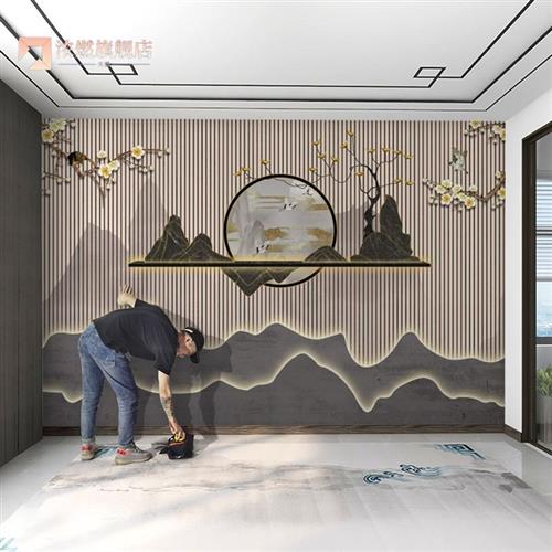 3d立体新中式墙纸中国风山水客厅壁T画茶室直播背景墙酒店装饰壁_虎窝淘