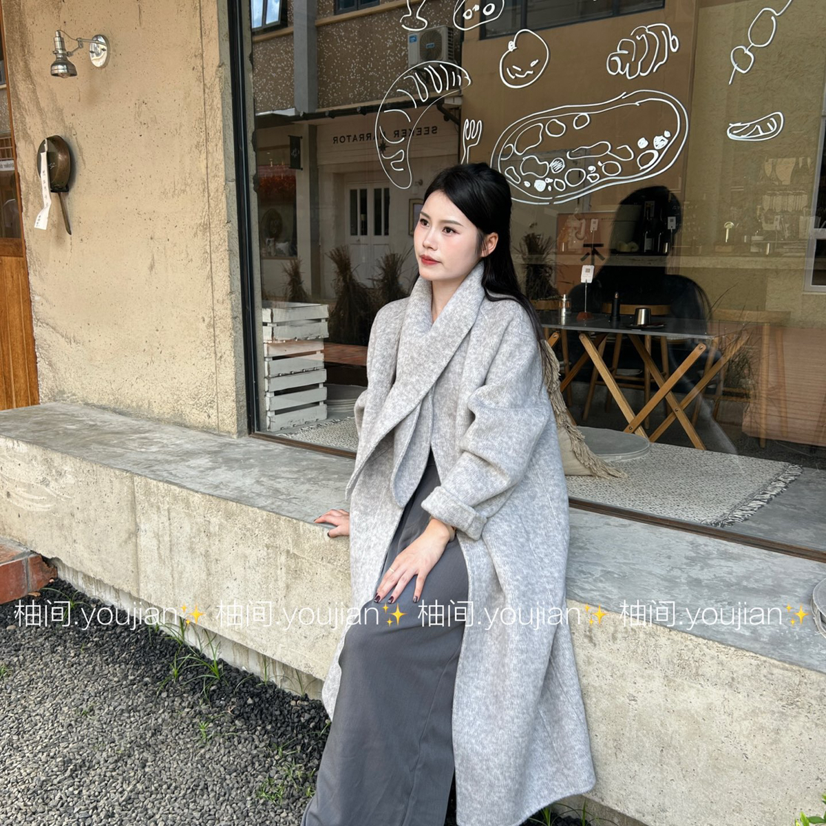 馨菲简约气质纯色设计感时尚羊毛外套(配围巾)（含100羊毛）1131