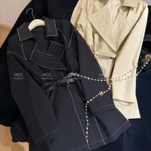 馨菲年春款 无链条 配腰带 6913 赫本风撞色线迹双排扣中长风衣