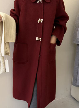 馨必补韩系糖果色花朵扣子长款大衣羊毛外套（含80绵羊毛）08965