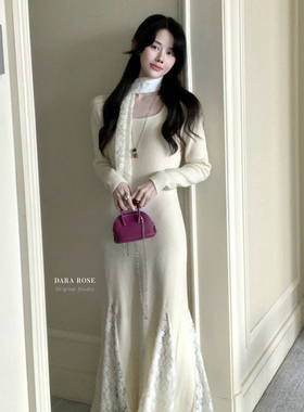 馨菲设计重工拼接蕾丝针织长裙连衣裙(配飘带)(早春新款)S8300