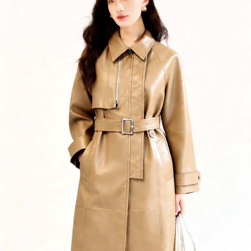 馨菲法式复古皮质拼接长款皮衣(配腰带)61181,女装/女士精品,休闲裤,淘宝优惠券,粉丝福利购,淘宝优惠卷