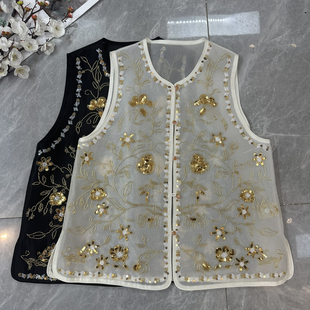 G513 馨菲家2026夏上新真丝欧根纱重工钉珠刺绣国风马甲YS59