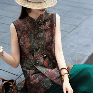 馨菲家香云纱斜襟无袖 G228 棕绿撞色里藏着东方美学国风马甲YS72