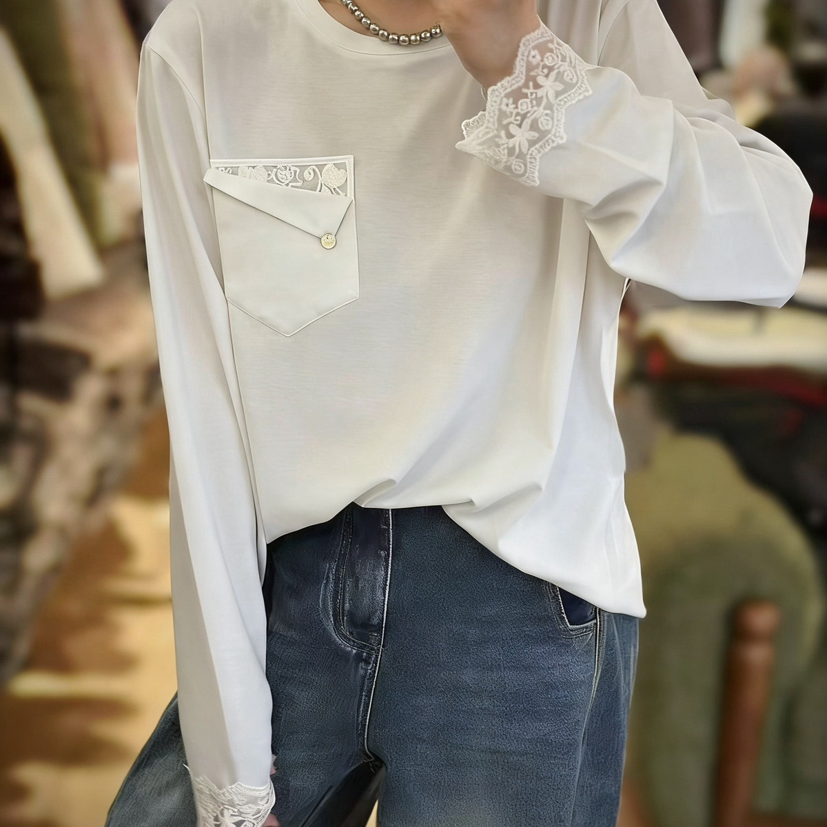 馨26年早春口袋拼接蕾丝袖口长袖T恤(不含任何配件)TX25632